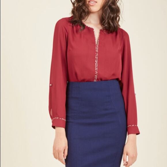 ModCloth floral piped blouse red sz M - Picture 1 of 7